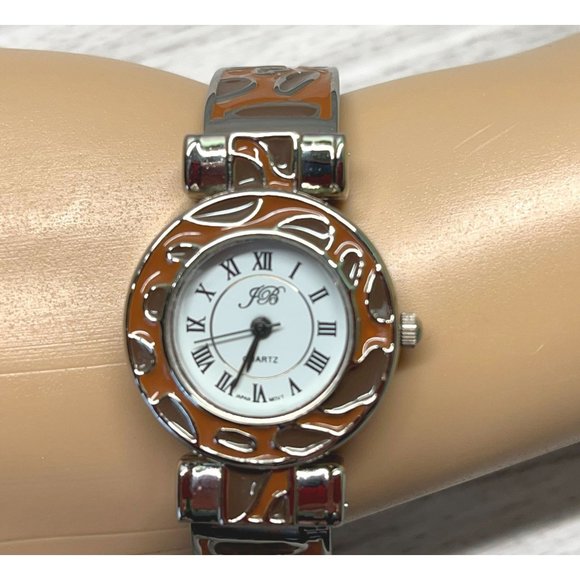 JB Womens Wrist Watch Cuff Bracelet Leopard Print Enamel Silver Tone Quartz - Picture 2 of 10